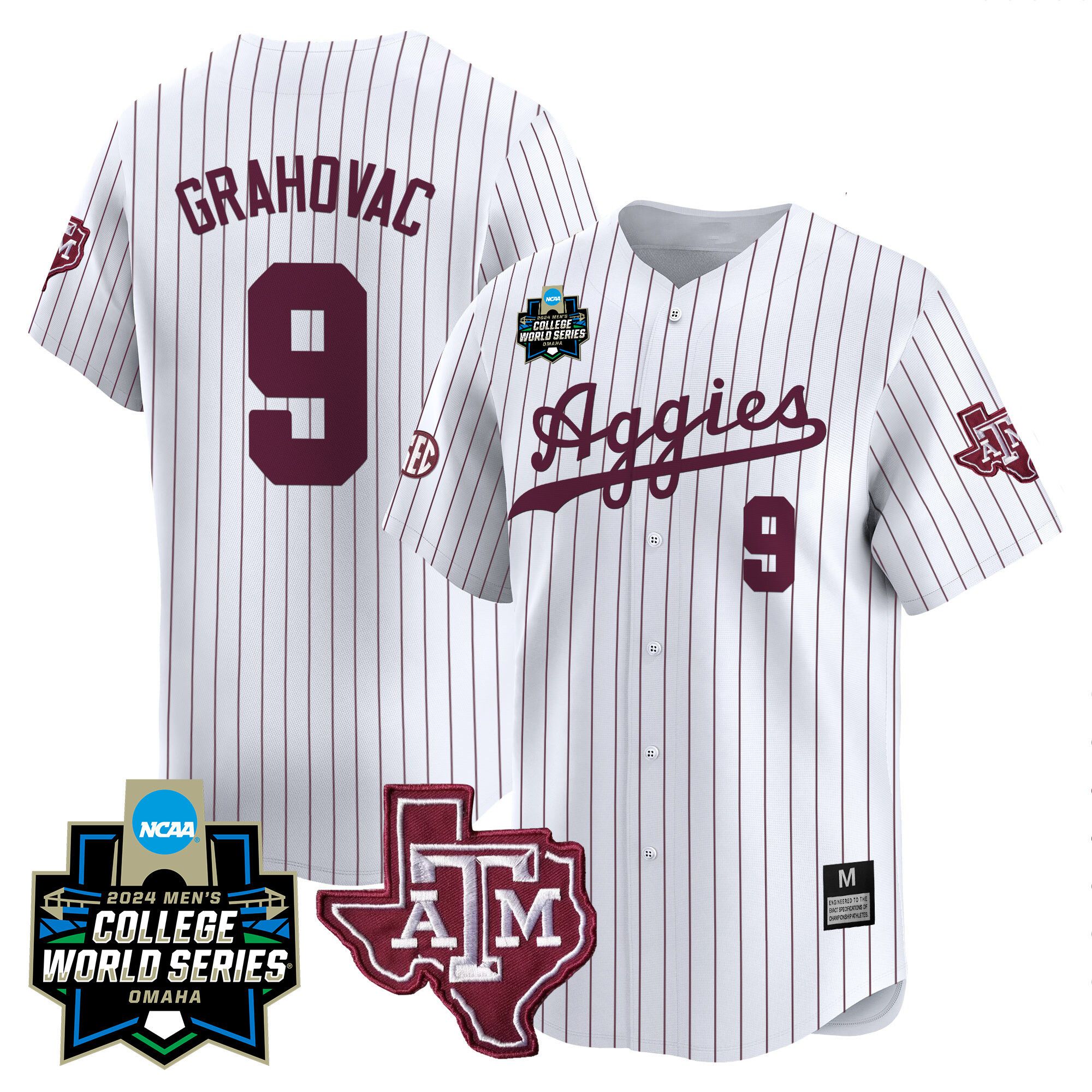 Men Texas A&M Aggies #9 Grahovac White Stripe 2024 College World Series Vapor Premier Limited NCAA Jersey